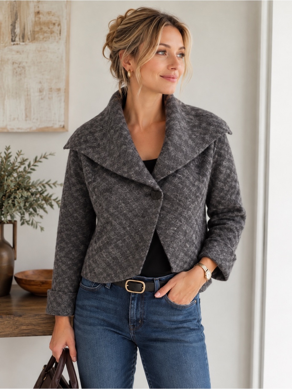 Cynthia Rowley Charcoal Merino Wool Cropped Sweater Blazer